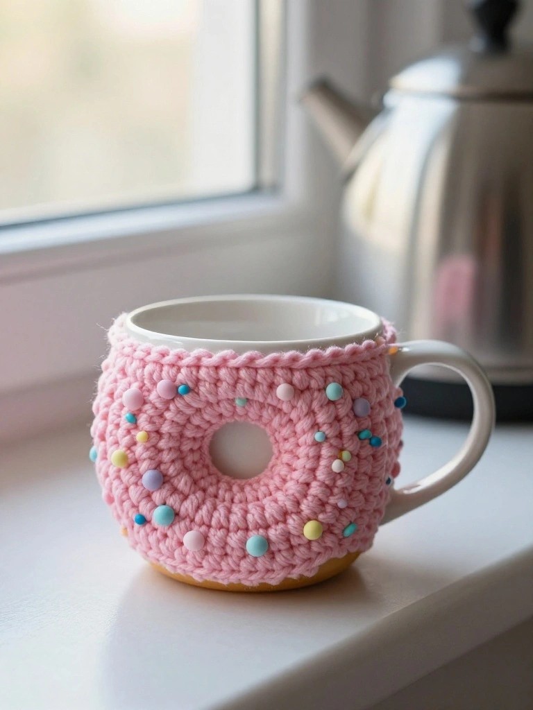 Pink knitted donut cozy with colorful sprinkles on white mug by window