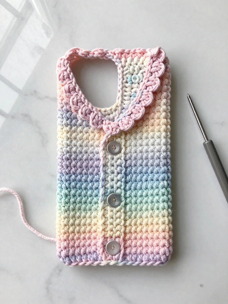 A crocheted phone case resembling a pastel rainbow cardigan with buttons and a collar, next to a crochet hook on a marble surface.