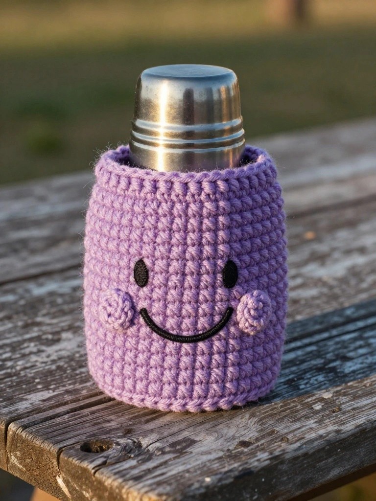 Purple crocheted smiley-faced cozy on metal thermos atop weathered wooden table.