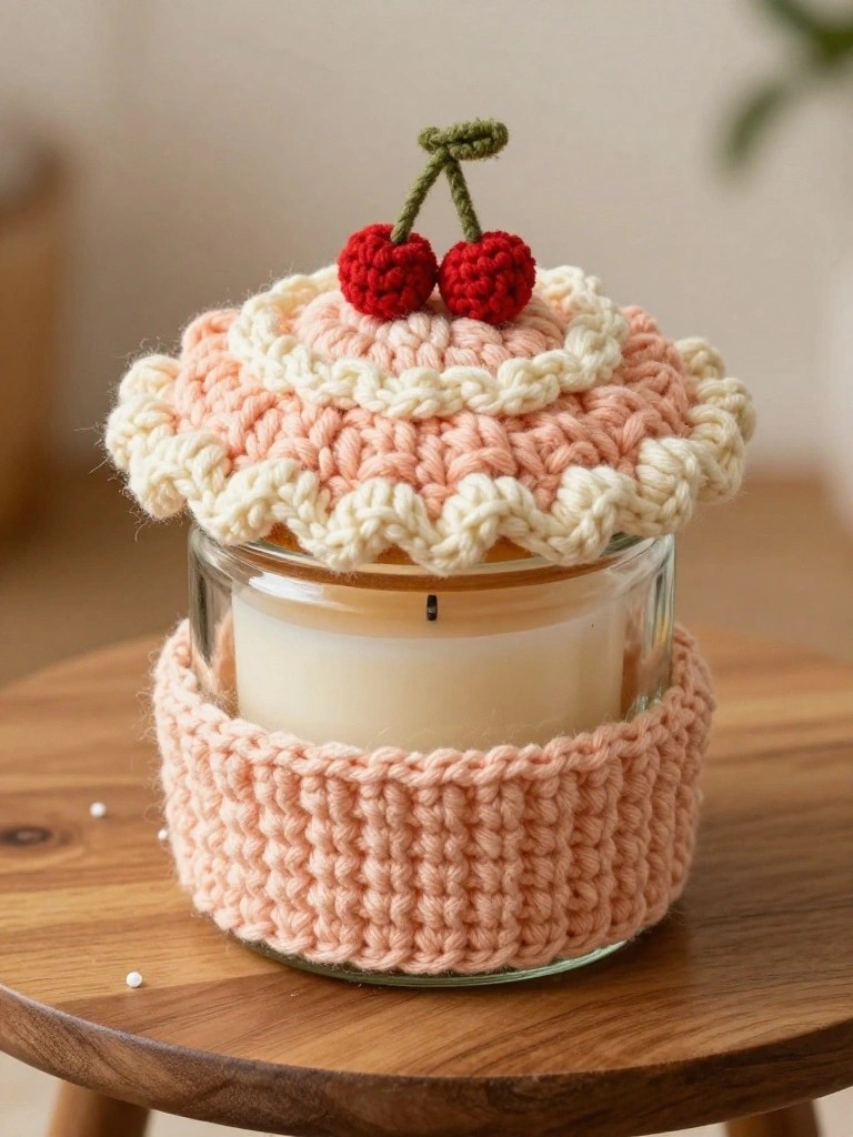 Pink knitted pie cozy with cherries atop glass candle jar on wood.