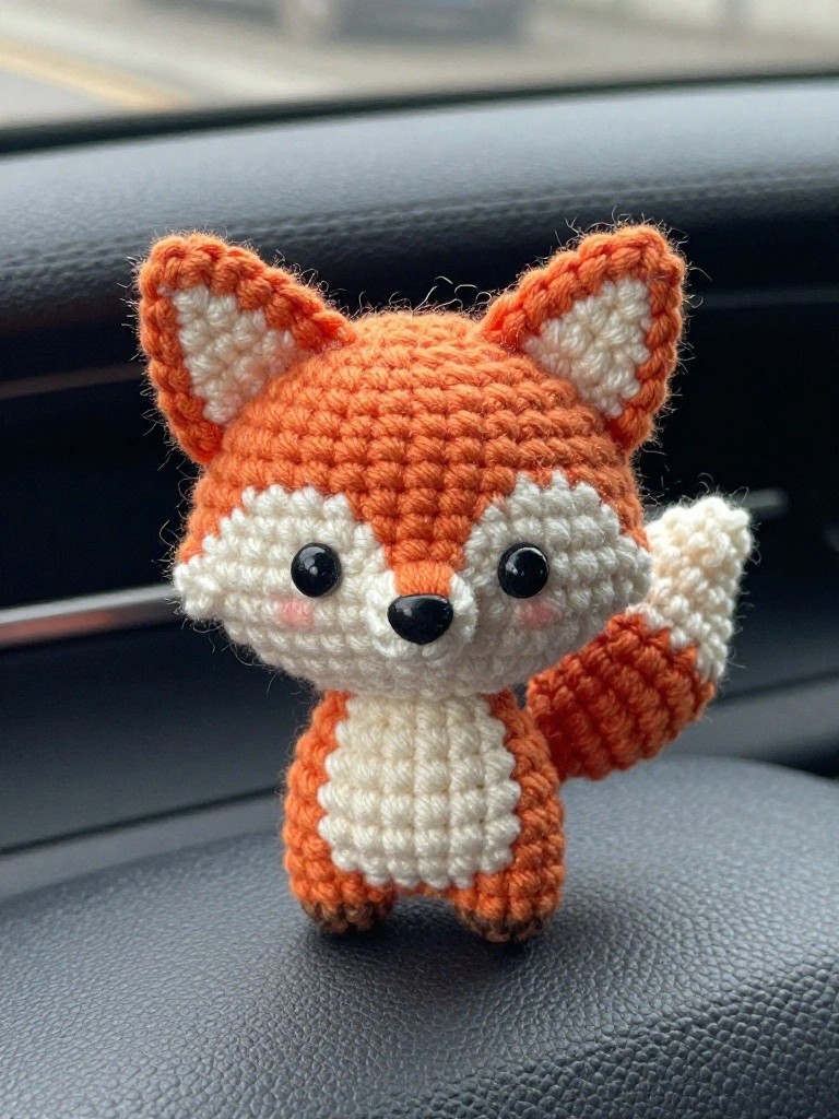 Orange crocheted fox amigurumi waving paw on dark car interior surface.