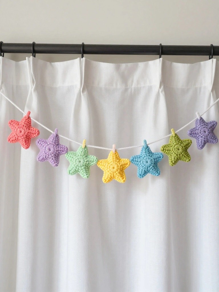 Colorful crocheted stars on white string hang from black rod against white curtains.