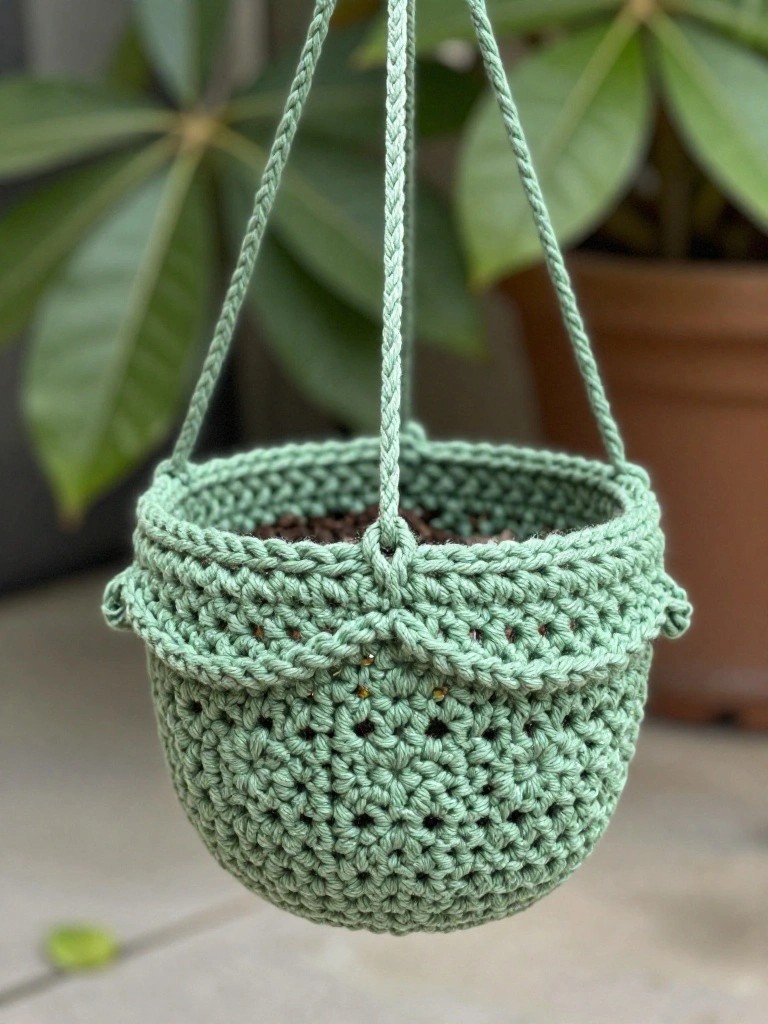 Mint green crocheted hanging basket with soil, suspended by three braided cords.