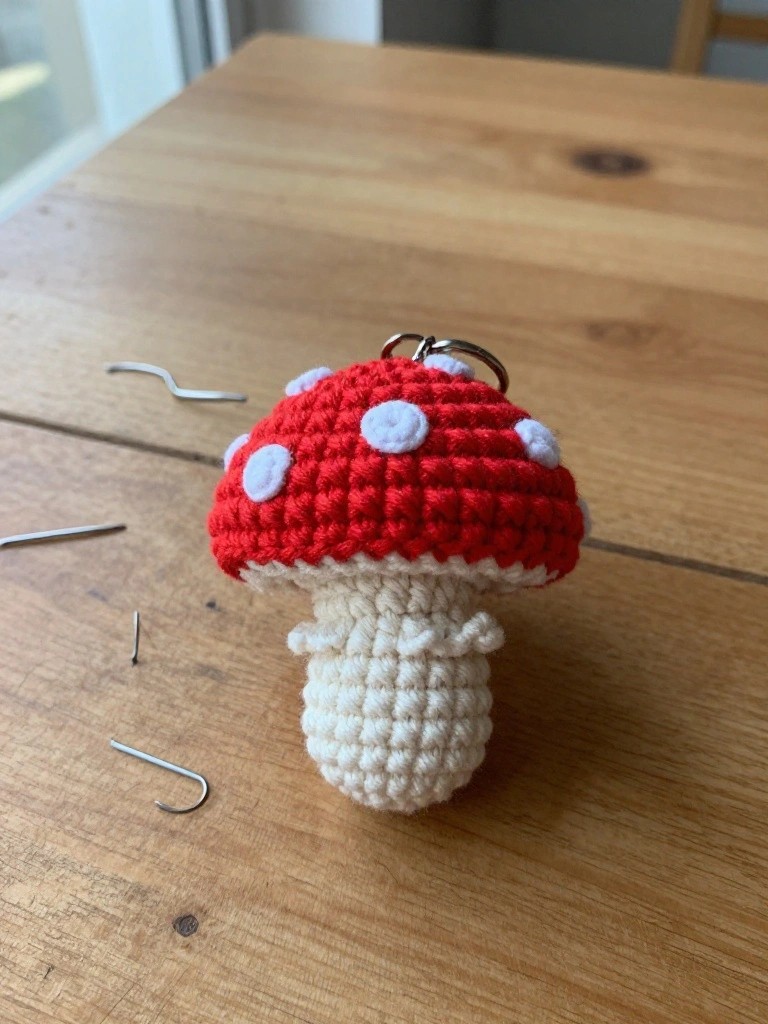 A crocheted red mushroom with white spots and a beige stem attached to a metal keyring on a wooden table.