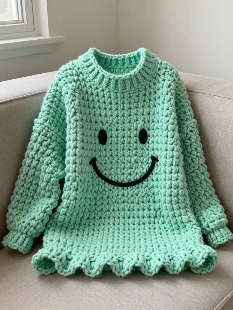 Mint green chunky knit sweater with smiley face on beige couch
