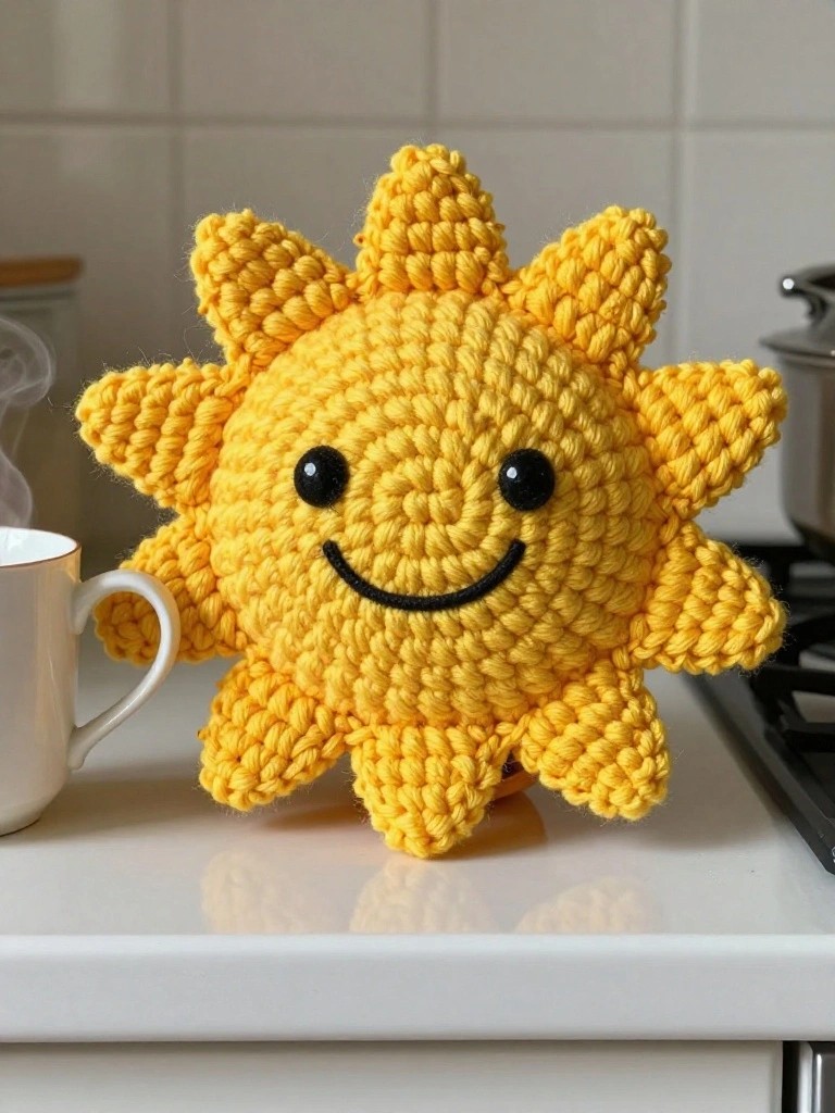 Yellow crocheted sun plush with smiling face beside steaming white mug on counter