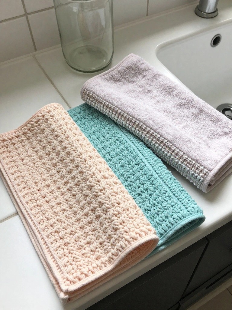 Three folded crochet washcloths in peach, mint green, and light gray sit on a white bathroom counter beside a sink.