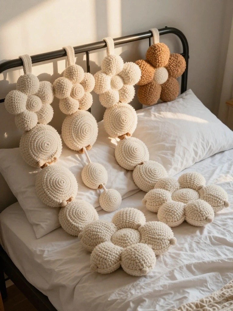 Crocheted white and brown floral garlands draped on black metal bed with white linens
