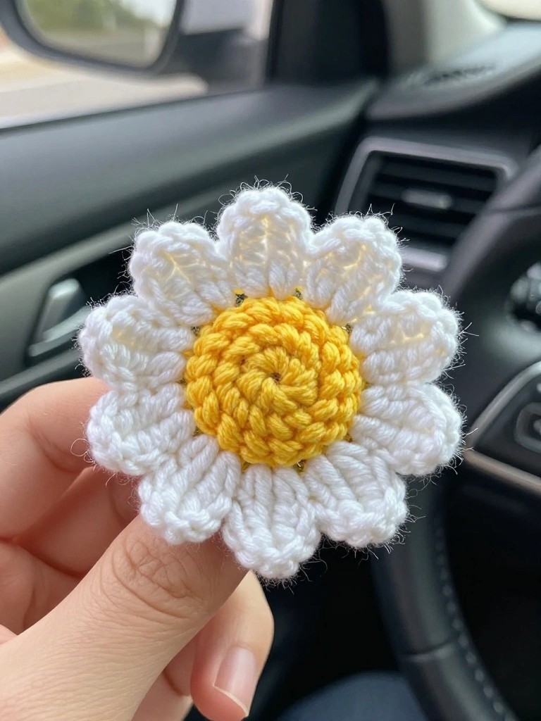 Hand holding crocheted daisy with white petals and yellow center in car interior.