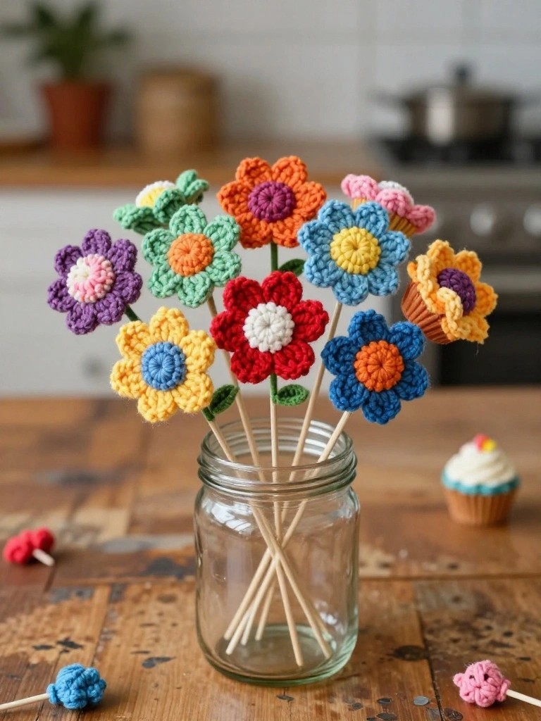 A clear glass jar filled with colorful crocheted flowers on wooden sticks sits on a wooden table, with a few loose flowers and a cupcake nearby.