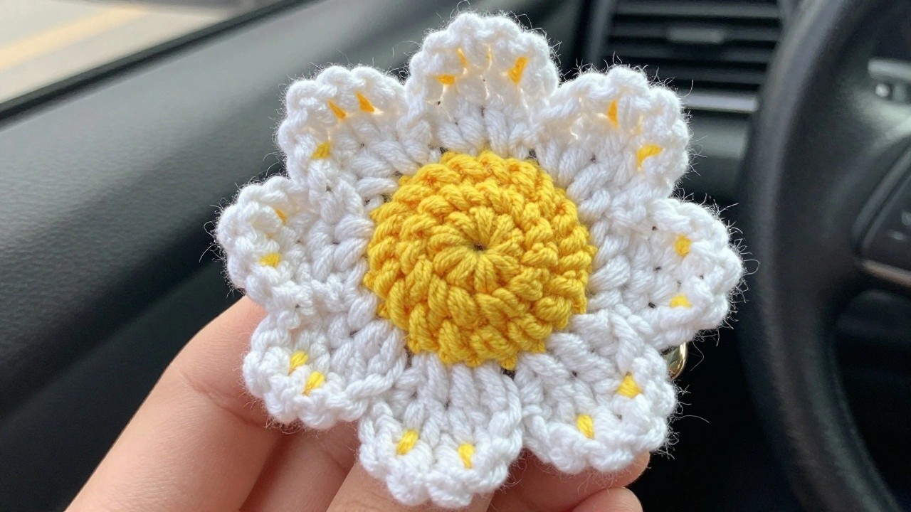 Hand holding crocheted daisy with white petals and yellow center in car interior.