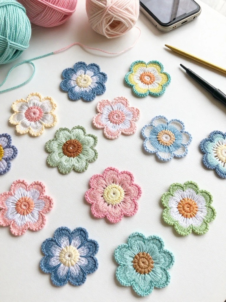Colorful crocheted flower appliques with yarn balls, smartphone, and hooks on white surface