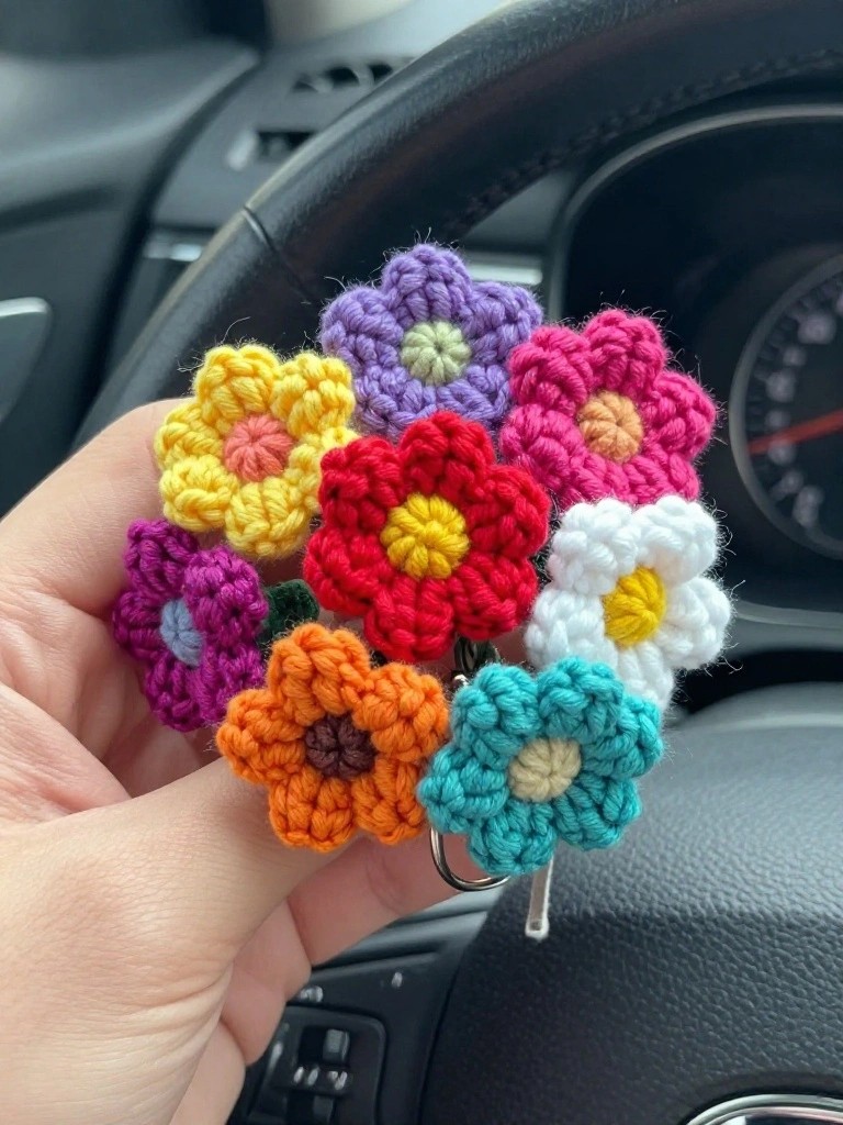 Hand holding vibrant crocheted flower keychain inside car near steering wheel