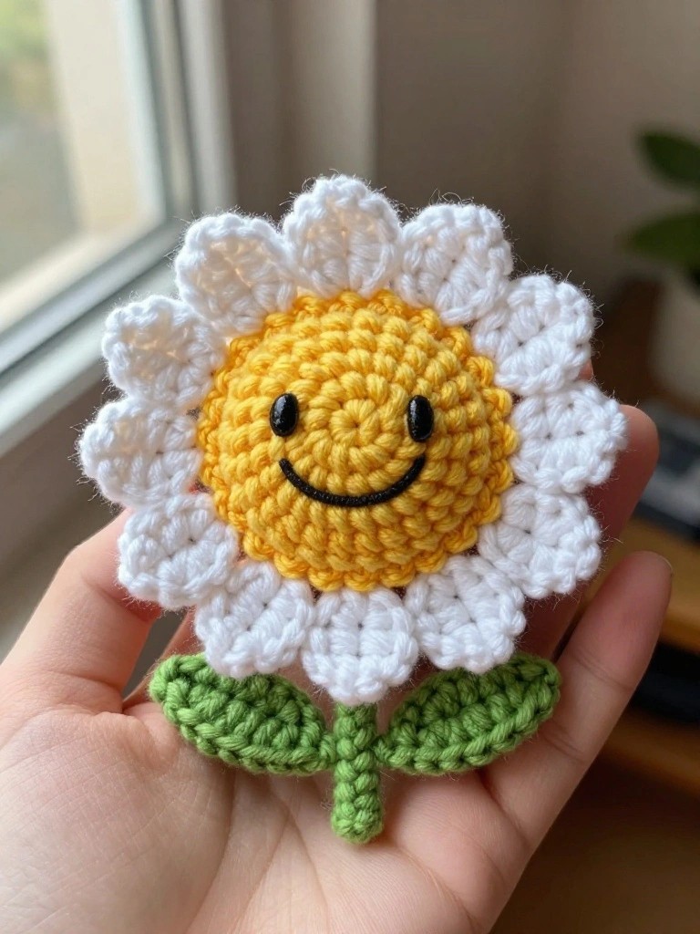 Hand holding crocheted daisy with white petals, yellow smiley center, green leaves.