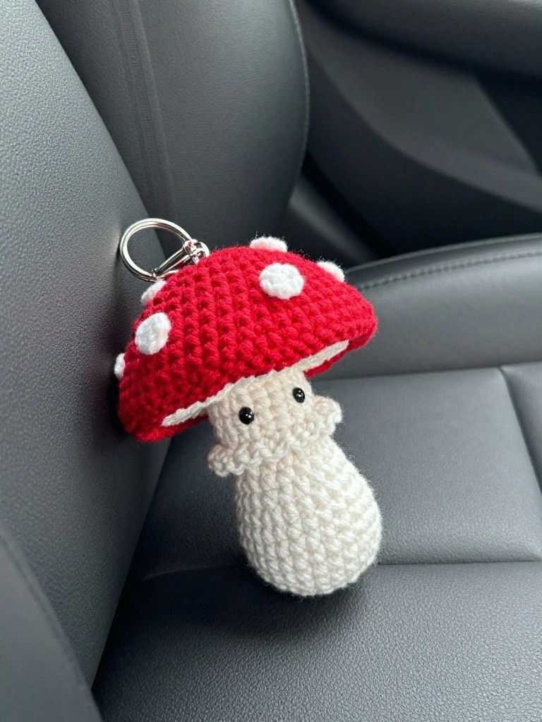 Crocheted red mushroom keychain with white spots on gray car seat