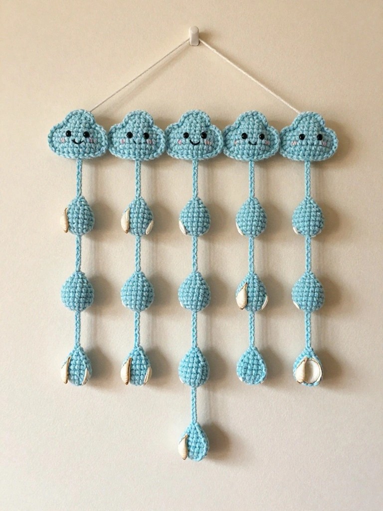 Five blue crocheted clouds hang from a cord with dangling chains of blue raindrop shapes that end in small shells.