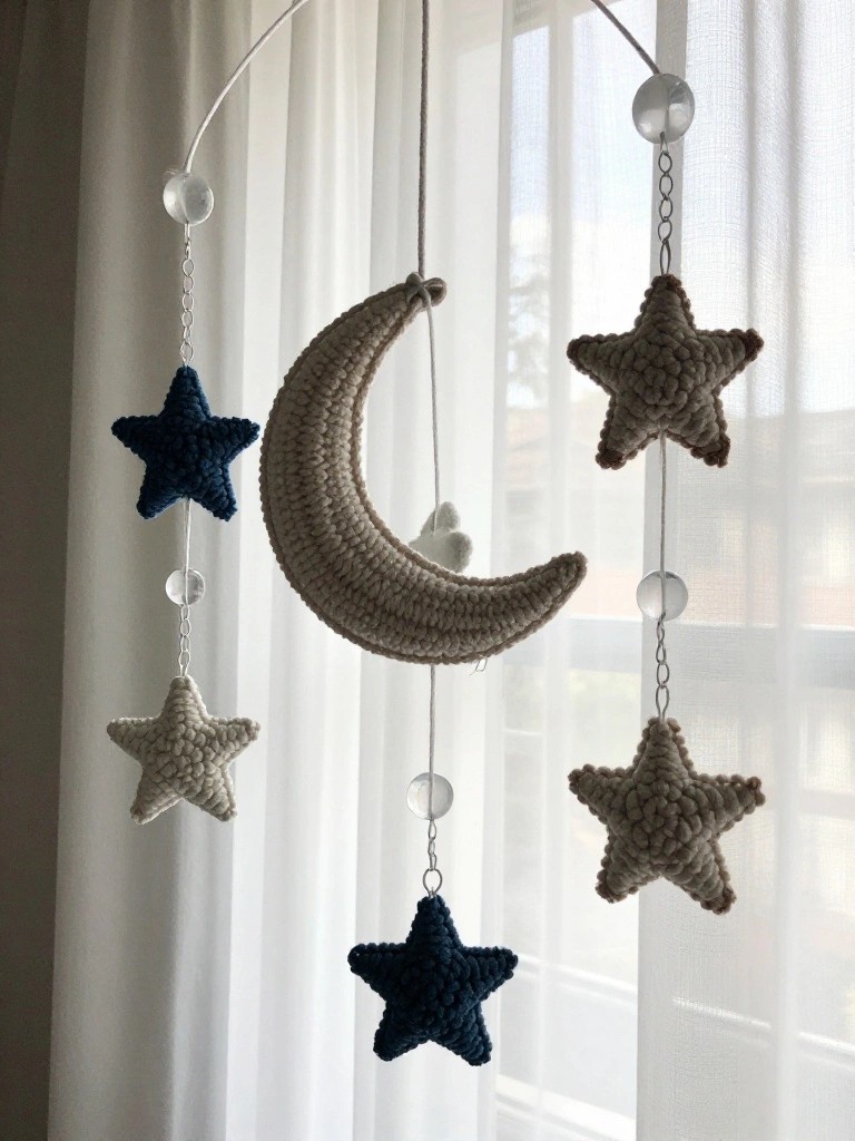 Crocheted mobile with beige crescent moon, blue and beige stars, and crystal beads.