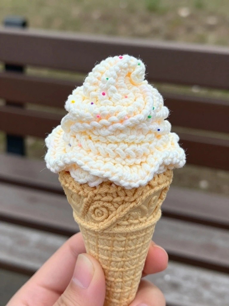A hand holds a crocheted ice cream cone with a beige waffle-patterned cone and a tall swirled white top dotted with small colorful sprinkles.