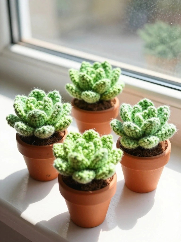 Four green crocheted succulents in terracotta pots on sunny windowsill.