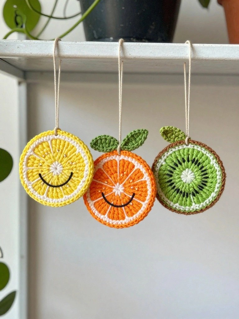 Three crocheted circular fruit slices in yellow, orange, and green hanging by strings from a white shelf.
