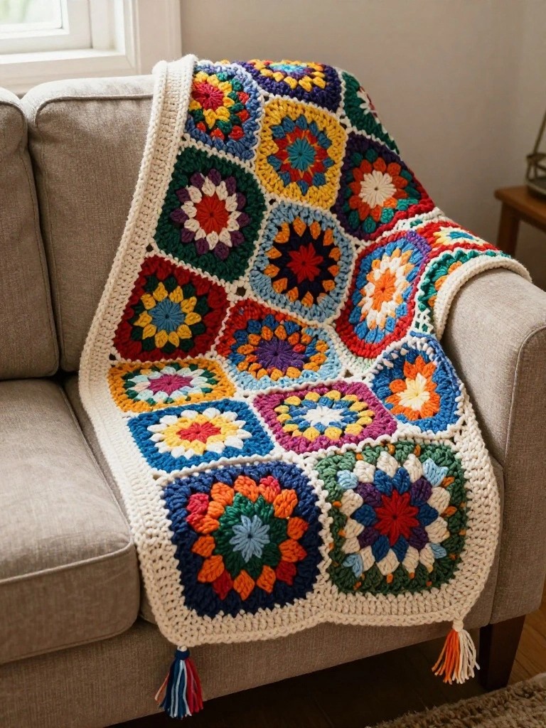 Colorful granny square crochet blanket with white border and tassels on beige couch