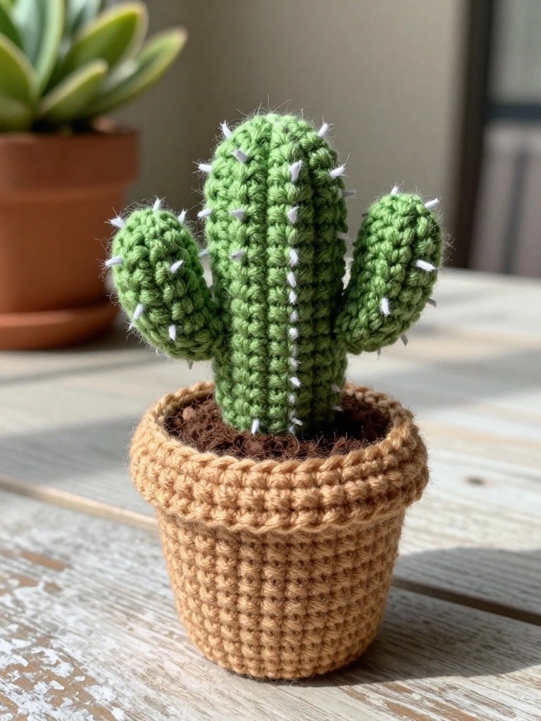 A green crocheted cactus with white spines sits in a brown crocheted pot on a wooden table.