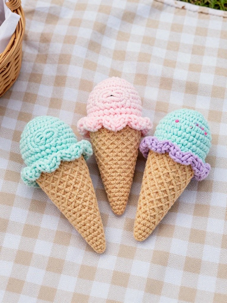 Three crocheted ice cream cones with pink, mint, and purple scoops on checkered cloth