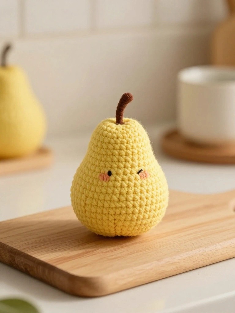 Yellow crocheted pear with cute face on wooden cutting board in kitchen