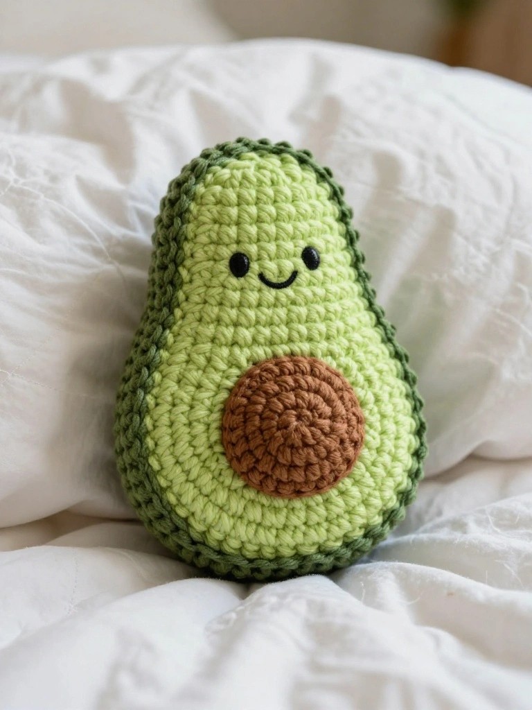 Crocheted avocado plush with smiling face and brown pit on white fabric