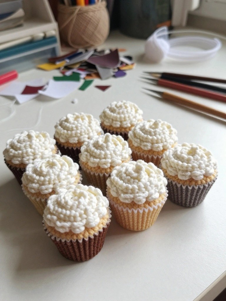 Several crocheted cupcakes with white frosting on craft table amid supplies
