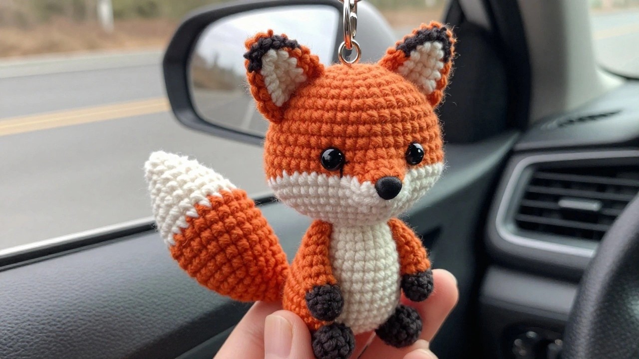 A crocheted orange and white fox keychain with black eyes and striped tail held by a hand inside a car.