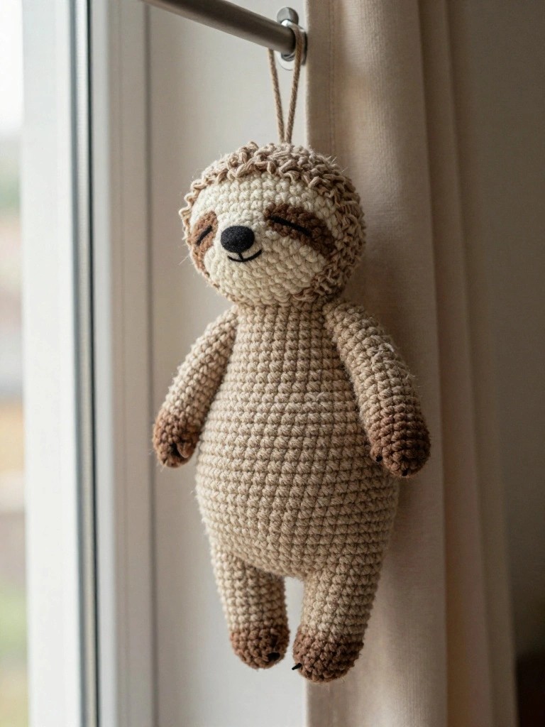 Crocheted sloth toy with closed eyes hanging from curtain rod by window