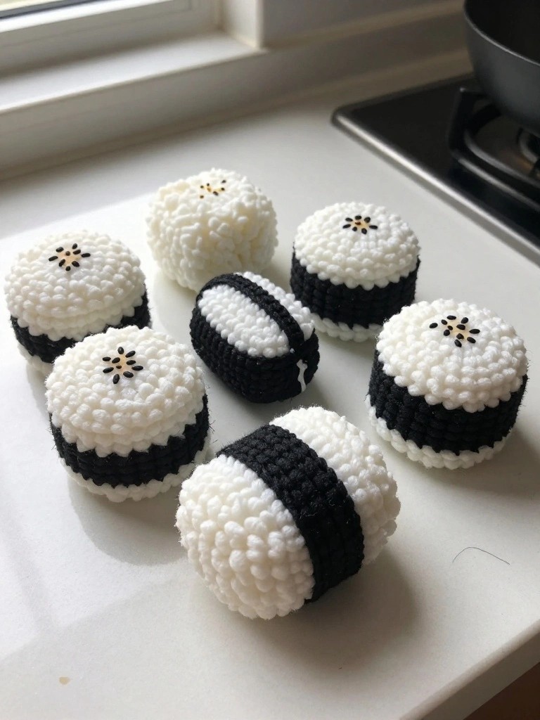 Crocheted white and black sushi rolls on a white kitchen countertop.