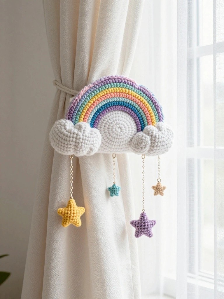 A crocheted rainbow with white clouds on each end and four small stars hanging from chains is tied around a white curtain.