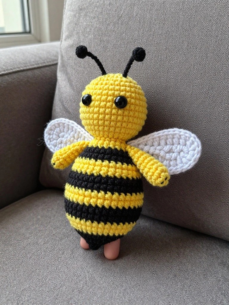 Crocheted yellow-black striped bee with white wings on gray couch