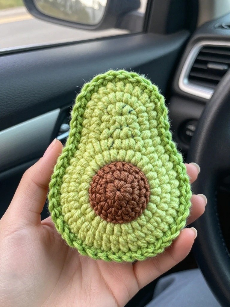 Hand holding crocheted green avocado toy with brown center inside car