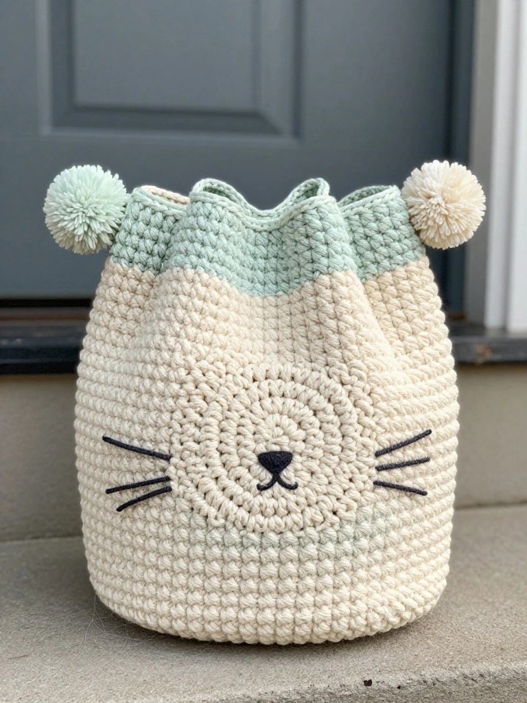 Crocheted drawstring bag with cream body, mint green top, pom-pom ears, and embroidered cat face.