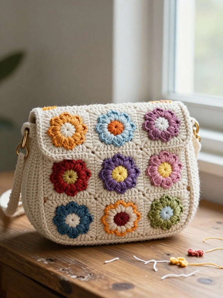 Colorful floral crochet handbag on wooden table with scattered yarn pieces nearby.