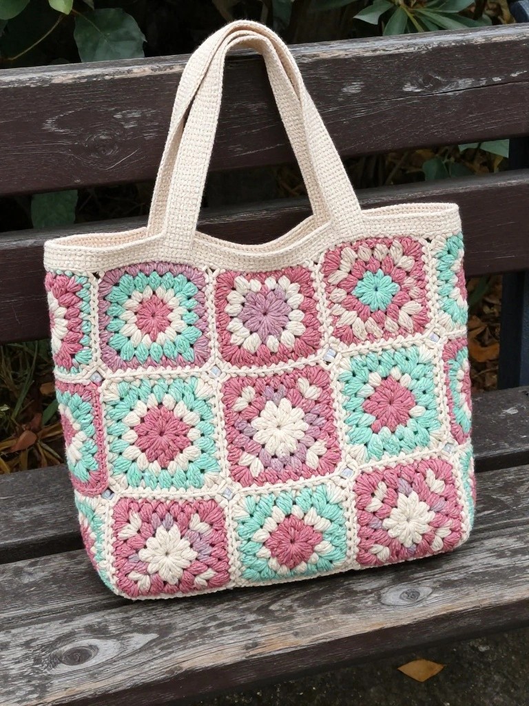 Crocheted tote bag with pink, turquoise, and white granny squares on wooden bench.
