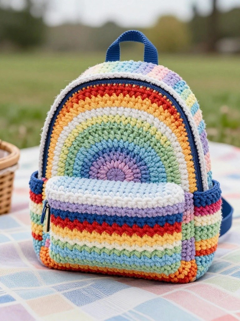 Rainbow crocheted backpack with concentric arcs and striped front pocket on checkered cloth