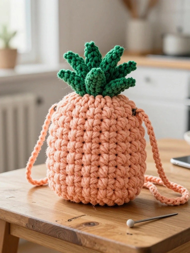 Crocheted peach pineapple bag with green leaves on wooden table