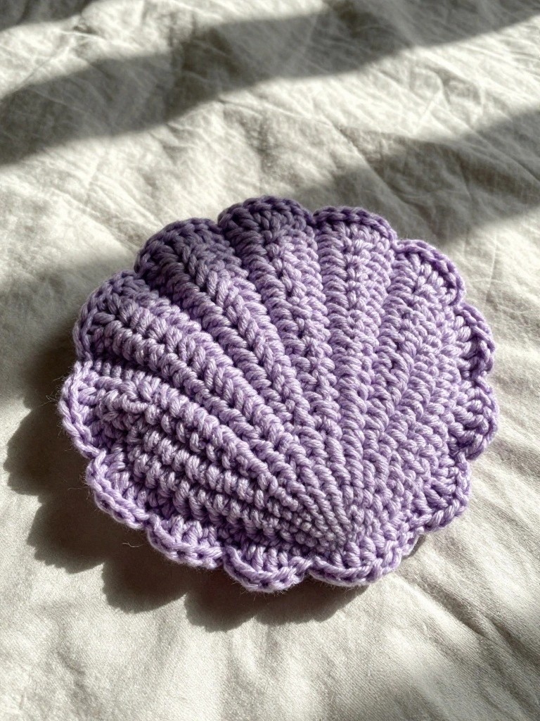 Crocheted purple seashell on sunlit wrinkled white fabric with shadows