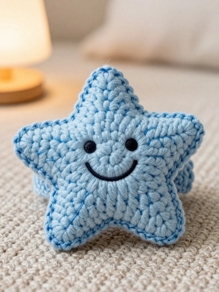 Light blue crocheted star plush toy with smiling face on beige fabric