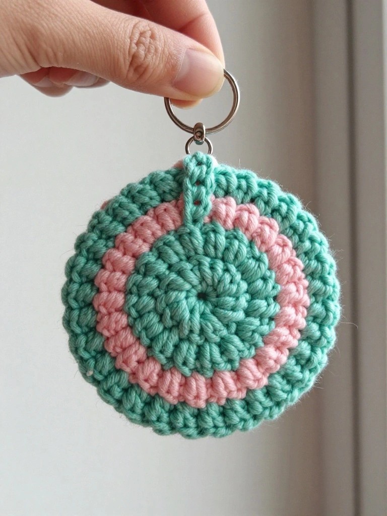 A hand holds a small round crocheted keychain with mint green and pink stripes attached to a metal ring.