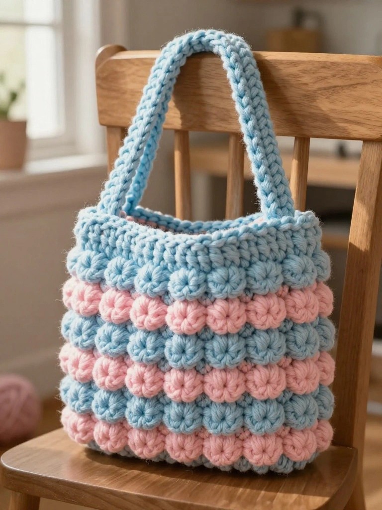 Light blue and pink bobble-stitch crocheted bag on wooden chair.