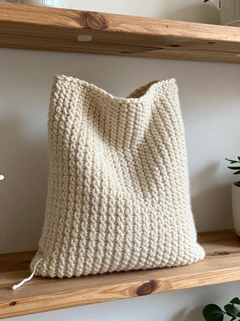 Cream chunky knit tote bag resting on rustic wooden shelves