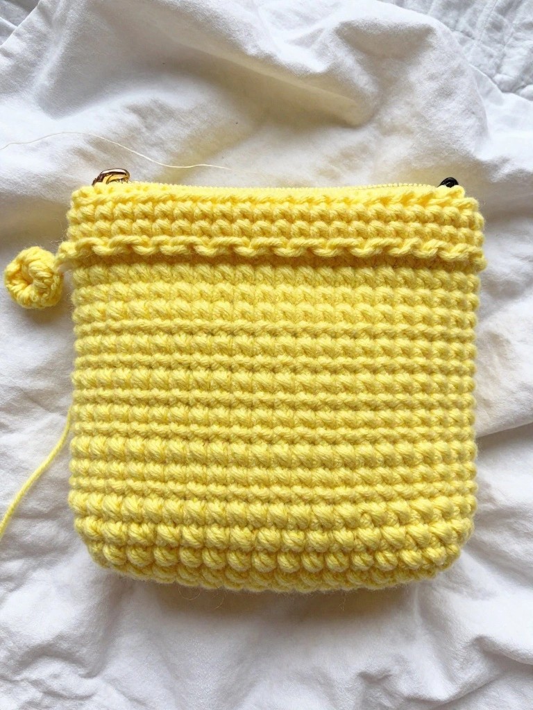 A square yellow crocheted pouch with a zipper at the top and a small yellow yarn ball on the left side.