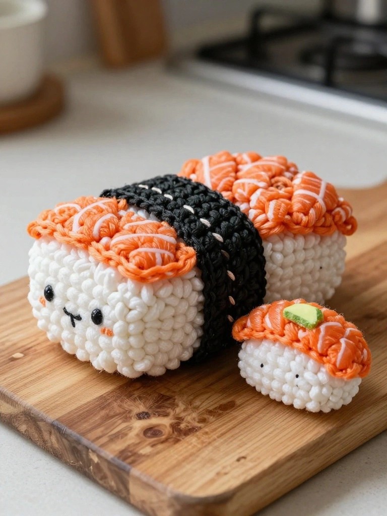 Crocheted sushi amigurumi with cute faces on wooden cutting board