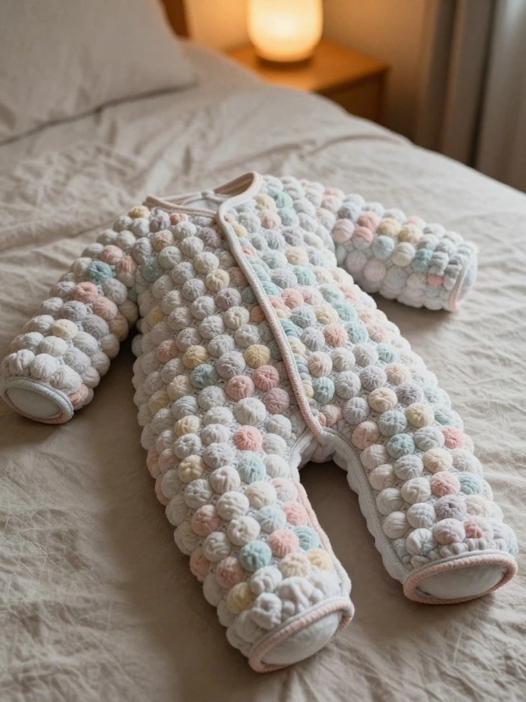 Pastel pom-pom baby onesie with zipper on rumpled white bedding.