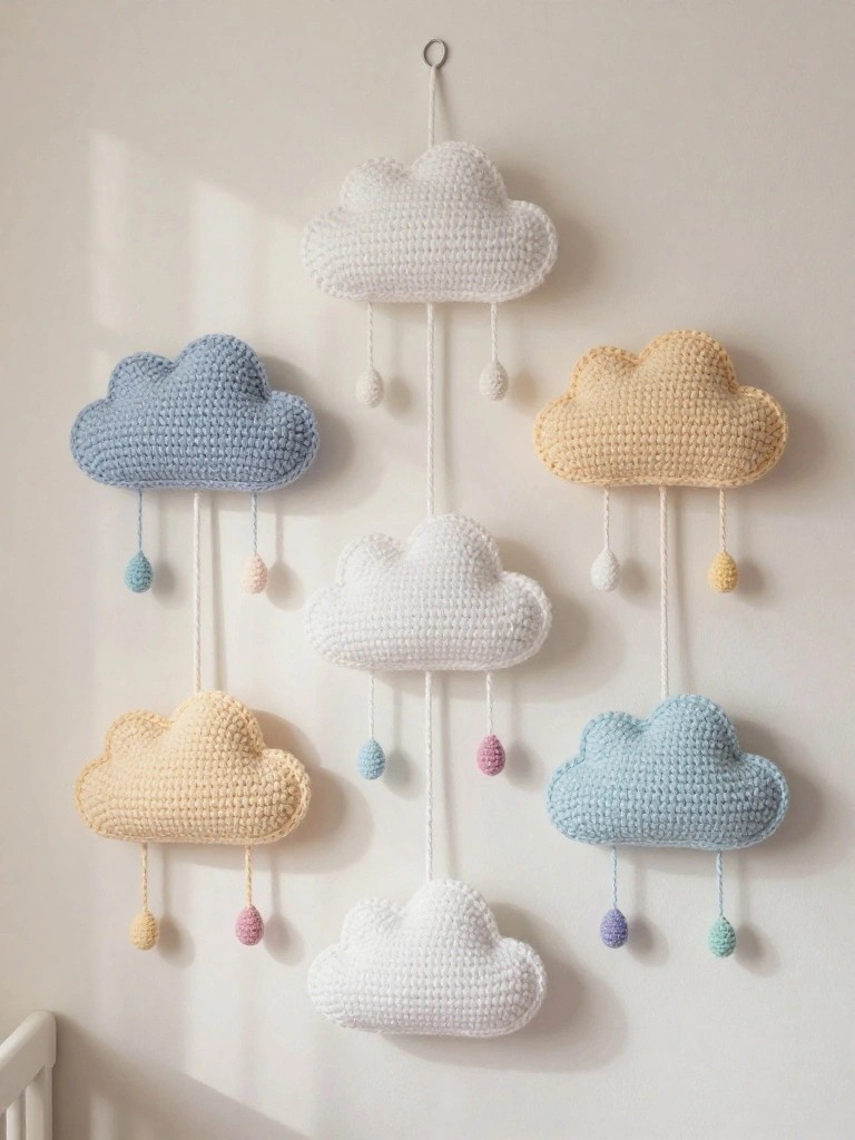 Several pastel crocheted cloud ornaments with dangling drops on a white wall.